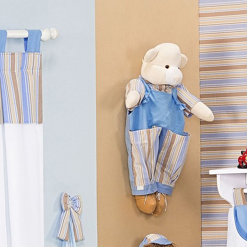 Porta Fraldas Uso Enxoval para Quarto de Bebê Menino Urso Théo Branco - Azul - Bege