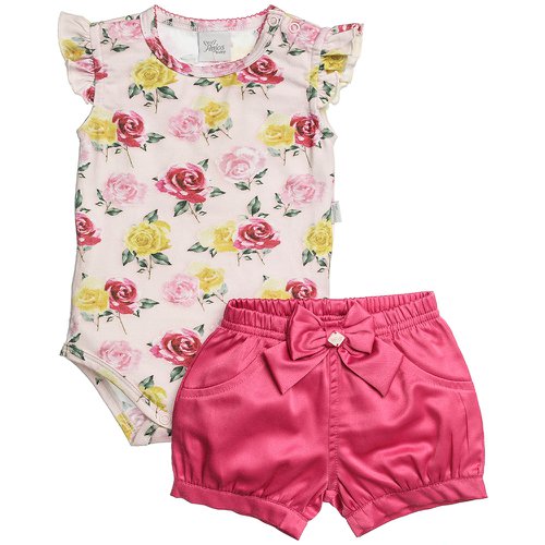 Conjunto de Bebê Body Floral com Shorts Pink