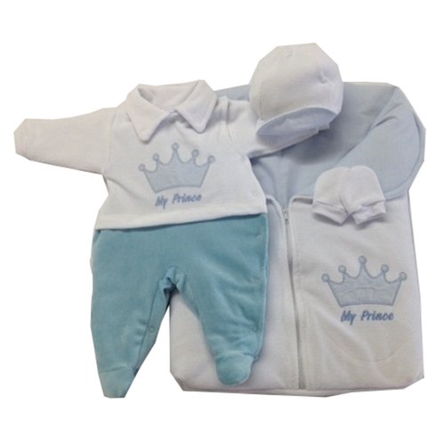 Saída de Maternidade Prince Plush Branco - Azul 4 Peças