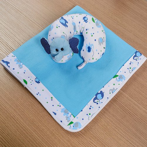 Manta de Bebê + Protetor de Pescoço Elefantinho Azul Soft