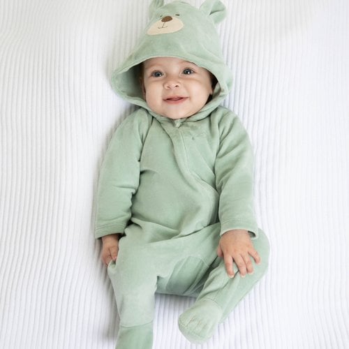 Macacão Longo de Bebê Plush Ursinho Verde com Capuz