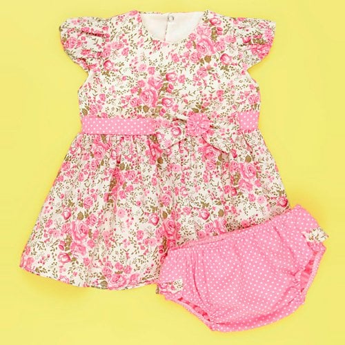 Vestido Doçura Floral Rosa com Calcinha Bebê Menina