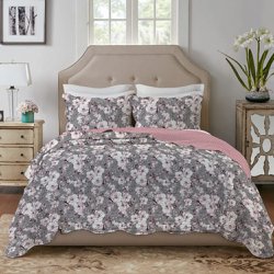 Cobre Leito Queen Flores Dupla Face Matelado Cinza 3 Peças