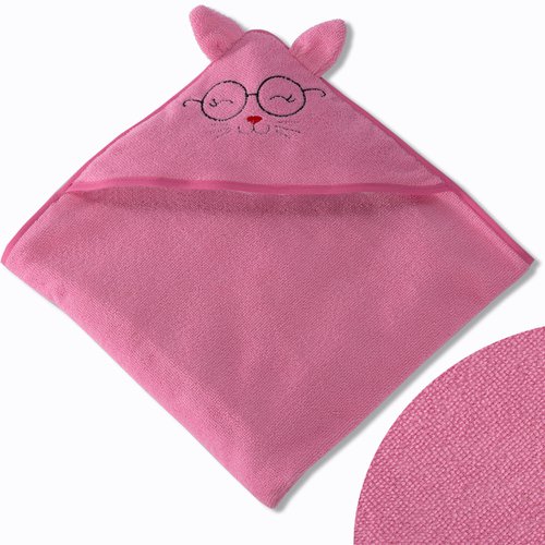 Toalha de Banho Baby Felpuda com Capuz Bordado Gatinha Pink