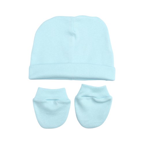 Kit Touca e Luva de Bebê Azul Malha 100% Algodão
