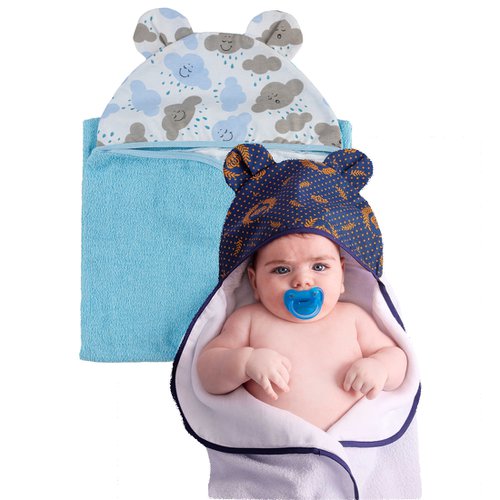 Toalha de Banho Forrada com Fralda Capuz para Bebê Menino e Menina 2 Peças