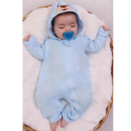 Macacão Longo de Bebê Malha Urso Azul com Capuz