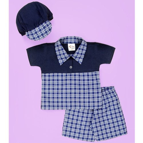 Conjunto Baby Camisa - Bermuda - Boné Xadrez Azul Marinho Bebê Menino