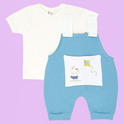 Conjunto Urso Baby Macacão - Camiseta Azul Enxoval Bebê Menino