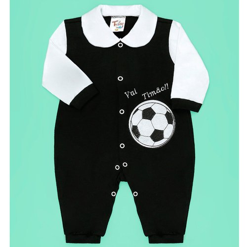 Macacão de Bebê Menino Futebol Preto com Branco Manga Longa