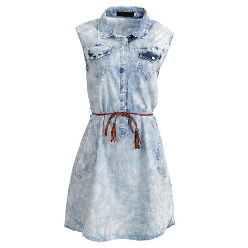 Vestido Jeans Manchado Sem Manga Com Cinto