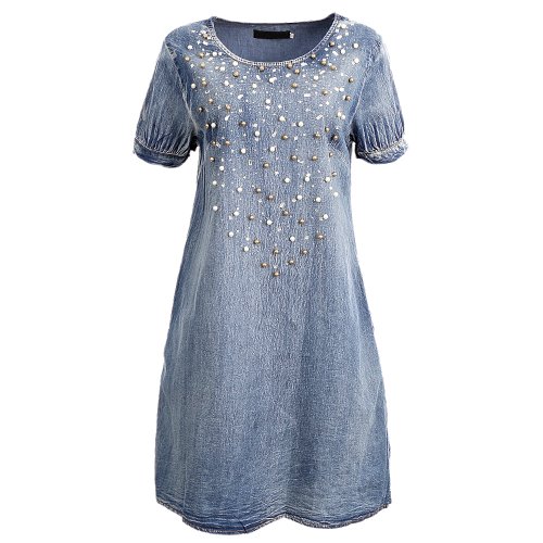 Vestido Jeans Com Perolas E Strass