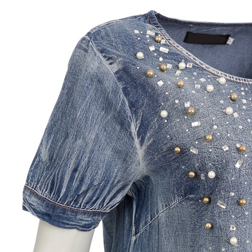 Vestido jeans top bordado com perola