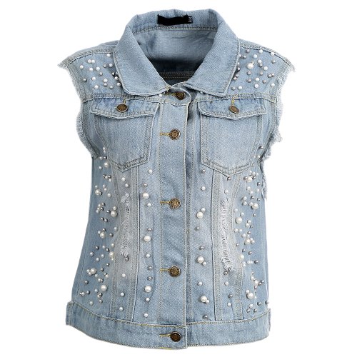 Colete Jeans Com Pedrarias E Bolsos Frontais