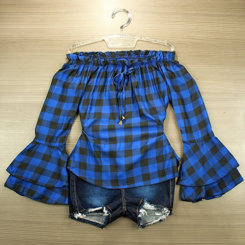 Blusa Ciganinha Azul Escuro Xadrez Manga Longa Flare Compre
