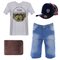 Kit Camiseta Estampada + Bermuda Jeans + Carteira + Boné Trucker