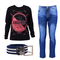 Kit Camiseta Manga Longa + Calça Jeans + Cinto Listrado