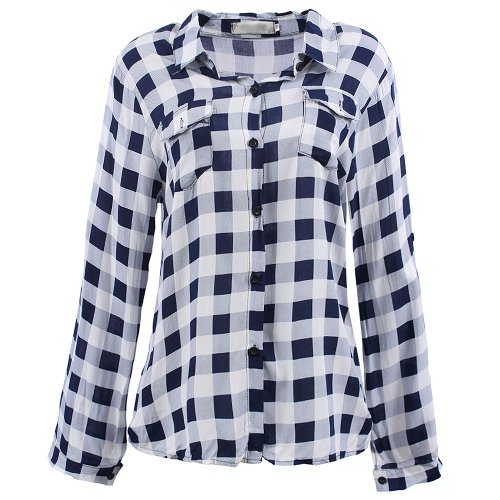 Camisa Xadrez Feminina Manga Longa Bot es E Bolsos Frontais