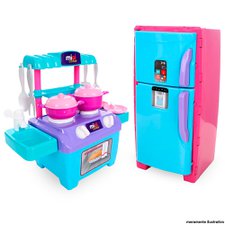 Kit Mini Cooker + Geladeira De Brinquedo Cores Variadas