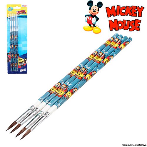 Kit Pincéis Redondo Infantis Estampa Mickey Mouse 4 Peças