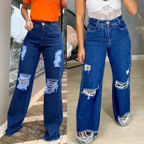 Calça Jeans Wide Leg Feminina Pantalona Destroyed Cintura Alta Azul Escuro