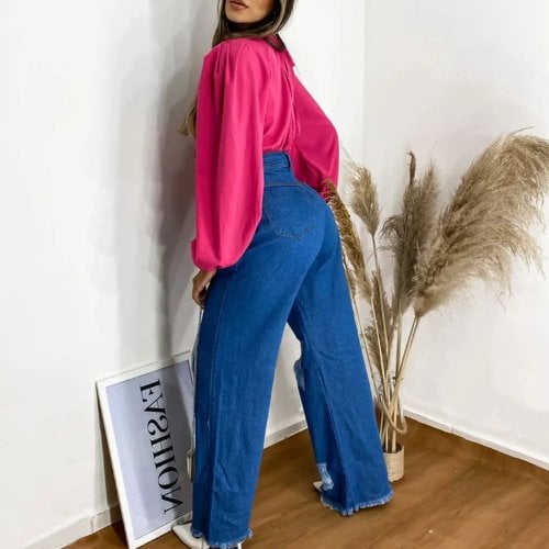 Calça Jeans Wide Leg Feminina Pantalona Destroyed Cintura Alta Azul Escuro