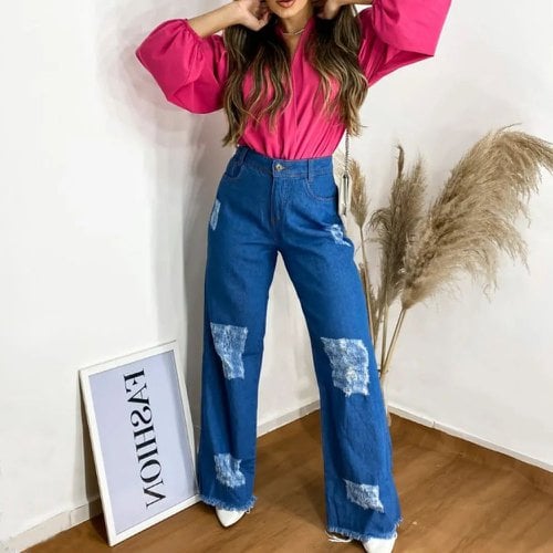 Calça Jeans Wide Leg Feminina Pantalona Destroyed Cintura Alta Azul Escuro
