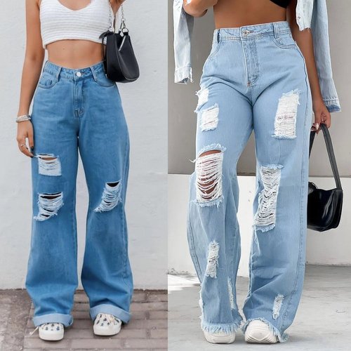 Calça Jeans Wide Leg Feminina Pantalona Destroyed Cintura Alta Azul Claro