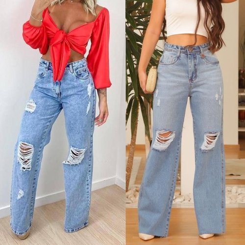 Calça Jeans Wide Leg Feminina Pantalona Destroyed Cintura Alta Azul Claro