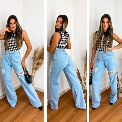 Calça Jeans Wide Leg Feminina Pantalona Destroyed Cintura Alta Azul Claro