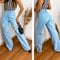 Calça Jeans Wide Leg Feminina Pantalona Destroyed Cintura Alta Azul Claro