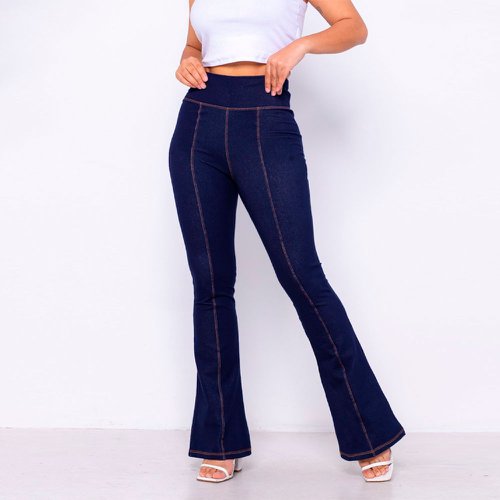 Calça Cotton Flare Jeans Fake Feminina Cintura Alta Feira da