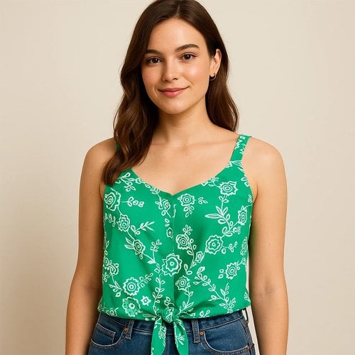 Regata Blusa Com Amarração Estampada Tecido Crepe Feminina