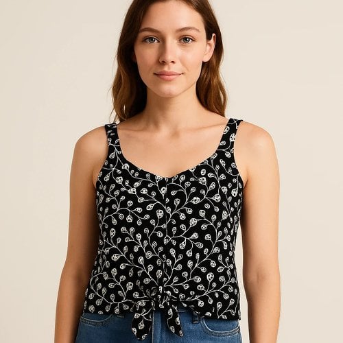 Regata Blusa Com Amarração Estampada Tecido Crepe Feminina