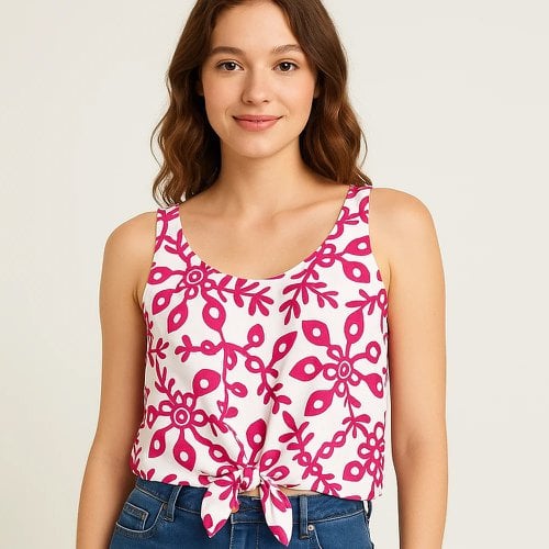 Regata Blusa Com Amarração Estampada Tecido Crepe Feminina
