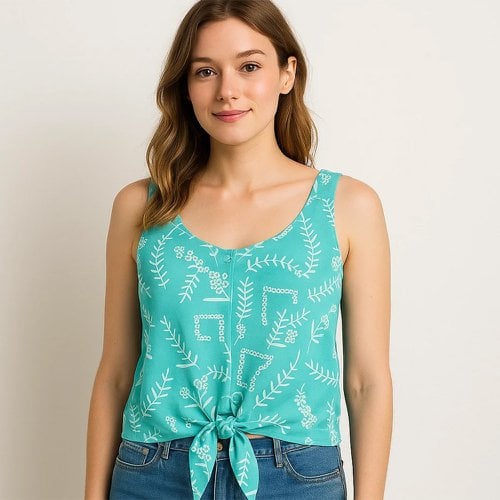 Regata Blusa Com Amarração Estampada Tecido Crepe Feminina