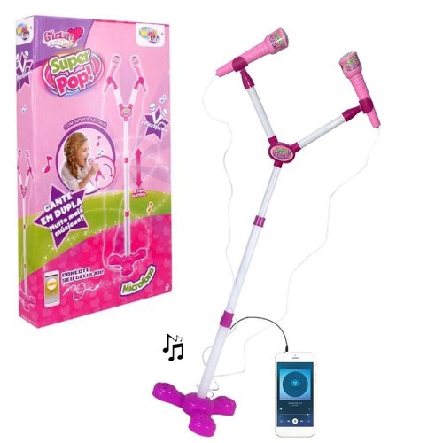Microfone Duplo Infantil Rosa Super Pop Festa Diversão Karaokê