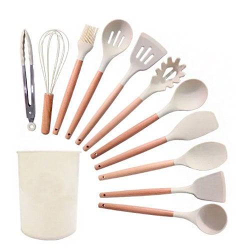 Kit Conjunto De Utensílios Silicone Com 12 Peças Cabo Madeira