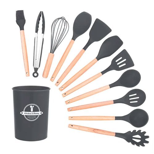 Kit Conjunto De Utensílios Silicone Com 12 Peças Cabo Madeira