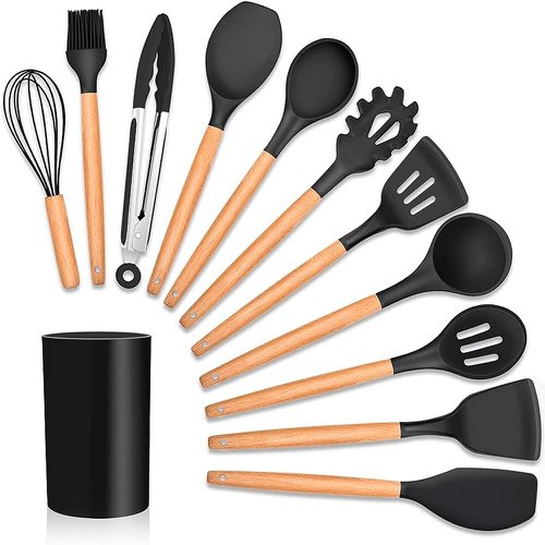 Kit Conjunto De Utensílios Silicone Com 12 Peças Cabo Madeira