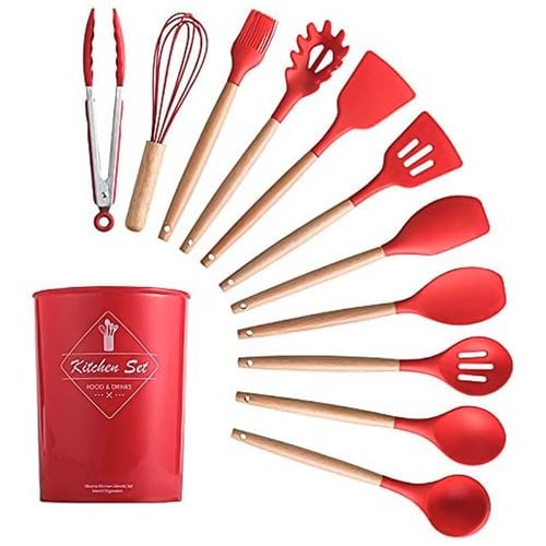 Kit Conjunto De Utensílios Silicone Com 12 Peças Cabo Madeira