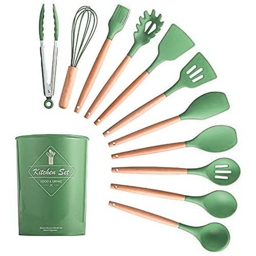 Kit Conjunto De Utensílios Silicone Com 12 Peças Cabo Madeira