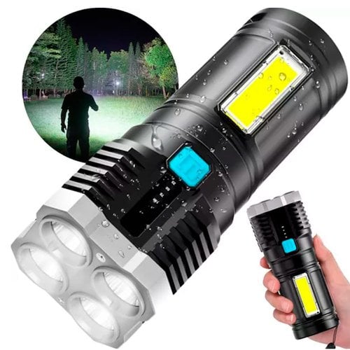 Lanterna Tática 4 LEDs Potente Recarregável Indicador De Bateria
