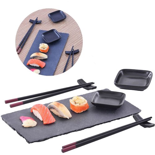 Kit Sushi Conjunto Oriental Cerâmica 7 Peças Preto