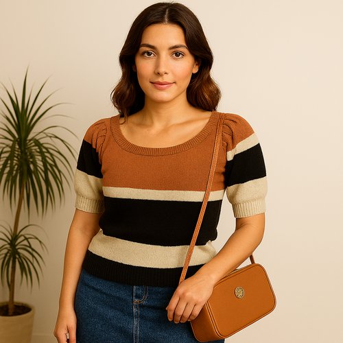 Blusa Feminina Tricot Listrada Manga Detalhada Gola Canoa