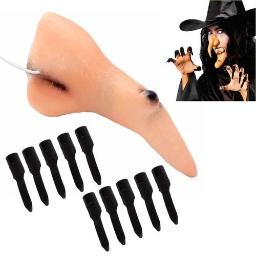 Kit Fantasia De Bruxa Com Nariz E Unhas Halloween