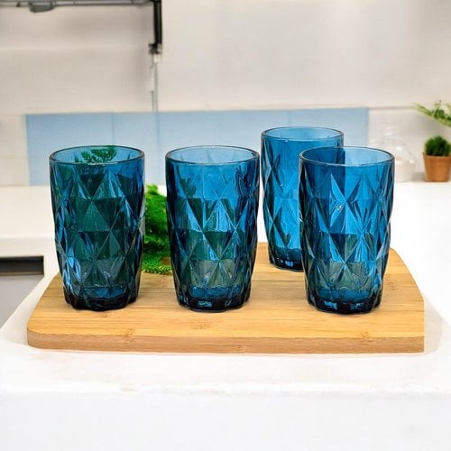 Conjunto Jogo De 4 Copos De Vidro Diamond Azul 370ml