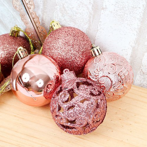 Kit Bola De Natal Mista 9 Peças Glitter Espelhada 6 Cm Rosê