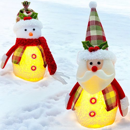 Enfeite Papai Noel E Boneco De Neve Xadrez Com Led 12cm x 25cm