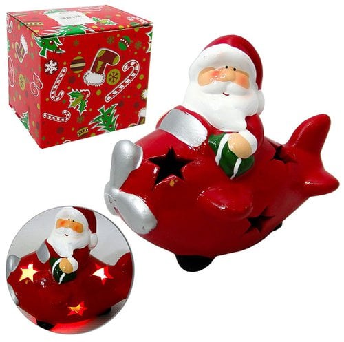 Enfeite De Natal Papai Noel De Porcelana Avião Com Luz